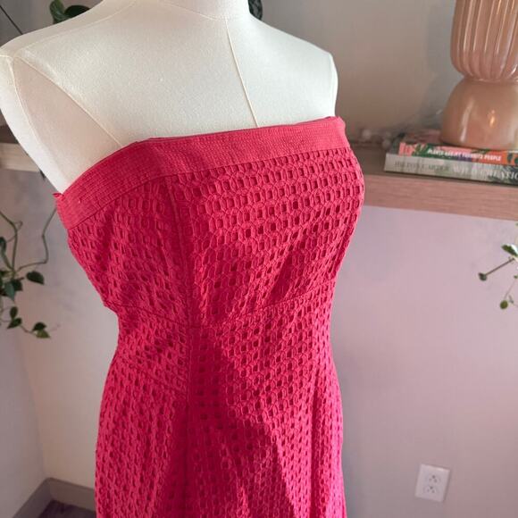 White House Black Market Hot Pink Strapless Eyelet Dress 6 Cotton Cocktail Party - Picture 5 of 7